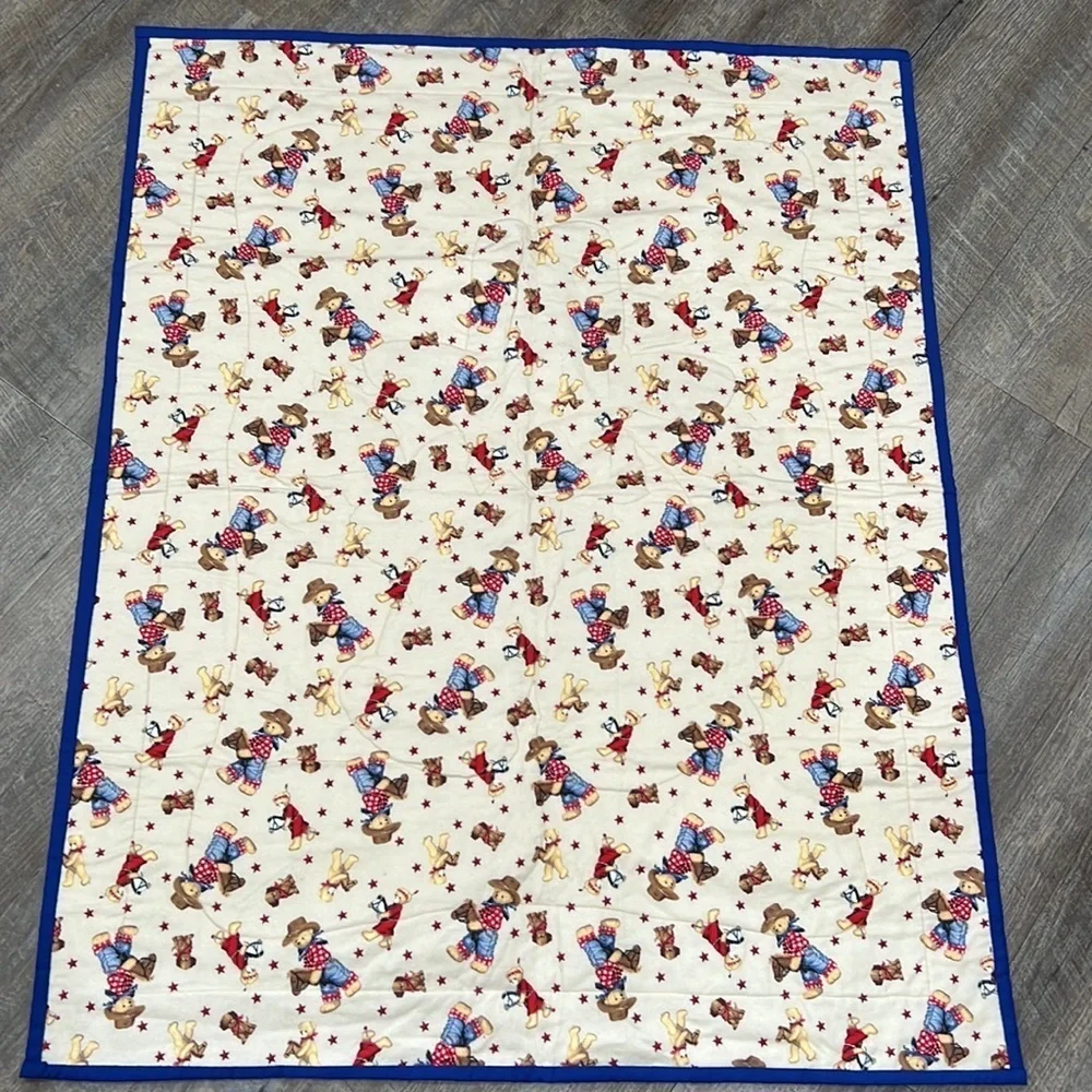 Hand Made Quilt cowboy teddy bear flannel back throw blanket 41x33 finished